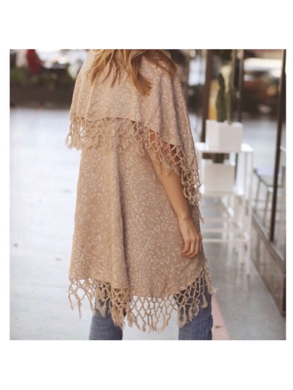 lèRumi Cream & White Animal Print Fringe Cardigan Ruana Poncho Wrap, One Size - Picture 5 of 14